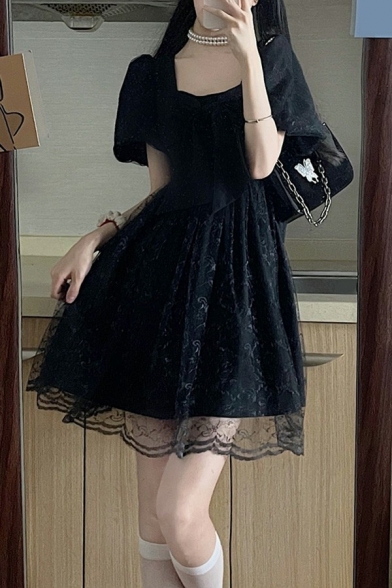 Stylish Girls Dress Solid Color Square Neck Bow Short Puff Sleeve Lace Mini A-Line Dress