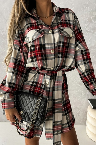 Stylish Womens Shirt Plaid Spread Collar Chest Pockets Button Downs Long Sleeve Lace-Up Tunics Shirt