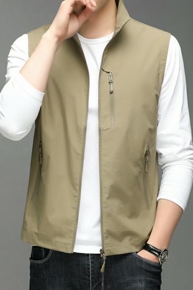 Casual Guys Vest Spread Collar Solid Color Zip Closure Regular Fit Vest