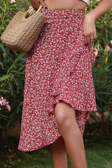 Designer Womens Asymmetrical Skirt Floral Print Split Front Midi Skirt