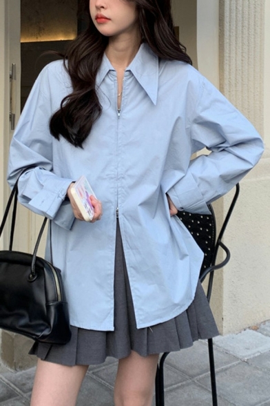 Designer Womens Shirt Solid Color Zipper Closure Oblique Button Back Long Sleeve Oversized Shirt