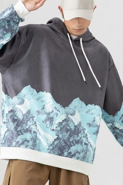 Edgy Men Hoodie Mountain Print Hooded Drawstring Long Sleeves Relaxed Fitted Hoodie
