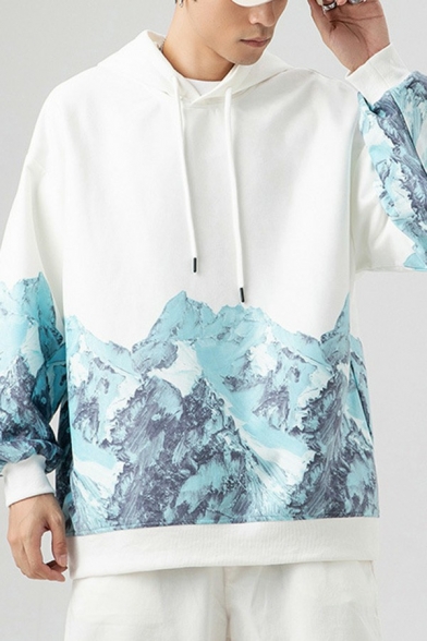 Edgy Men Hoodie Mountain Print Hooded Drawstring Long Sleeves Relaxed Fitted Hoodie