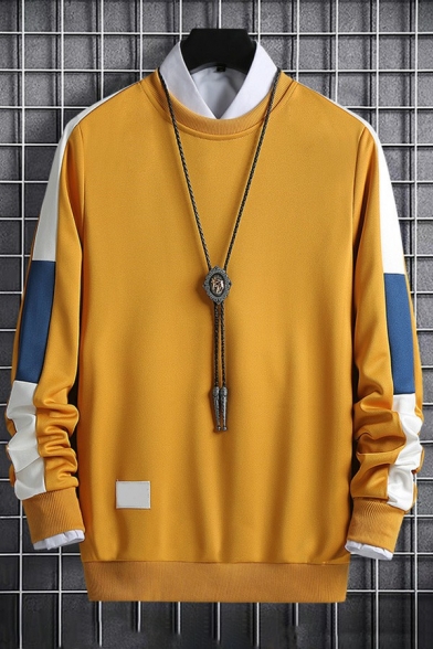 Leisure Mens Sweatshirt Contrast Color Block Round Neck Long Sleeve Rib Cuffs Loose Fit Sweatshirt