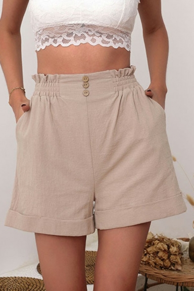 Leisure Womens Shorts Solid Color Elastic Waist Button Detail Relaxed Turn Up Shorts