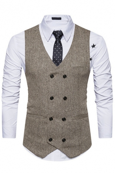 Men Urban Suit Vest Whole Colored Sleeveless Slimming V-Neck Double Breasted Suit Vest