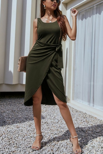 Modern Womens Tank Dress Solid Scoop Neck Bow Asymmetrical Hem Midi Wrap Dress