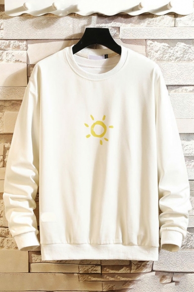 Popular Mens Sweatshirt Sun Pattern Round Neck Long Sleeve Rib Cuffs Loose Fit Sweatshirt