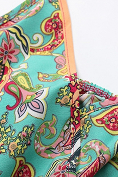 Retro Womens Cami Dress V Neck Paisley Pattern Drawstring Waist Midi Dress