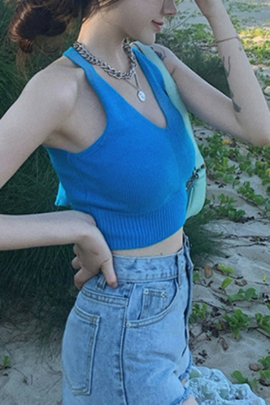 Sexy Girls Cami Solid Color Halter Tie Back Slim Cropped Tank Top