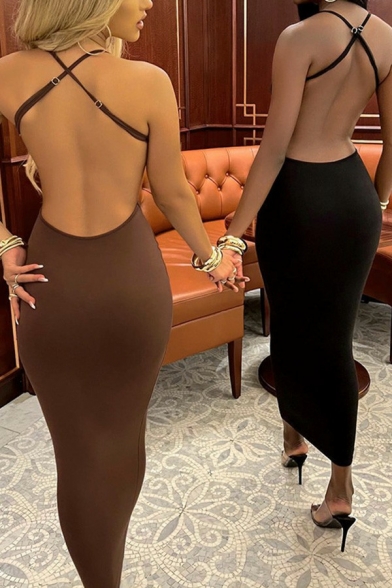 Sexy Womens Bodycon Dress Pure Color Deep V Neck Spaghetti Straps Criss Cross Maxi Cami Dress
