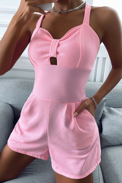 Simple Ladies Rompers Pure Color Sweetheart Neckline Hollow Detail Regular Fitted Rompers