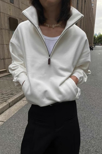 Stylish Girls Sweatshirt Solid Stand Collar Half Zipper Long Sleeve Relaxed Sweatshirt