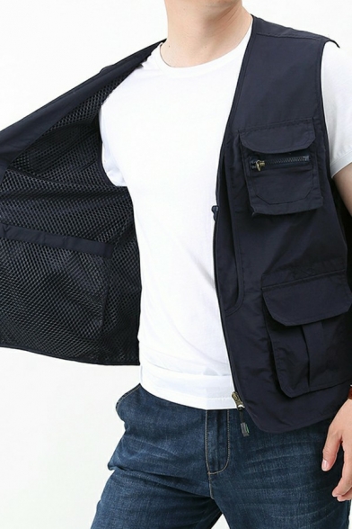 Vintage Guys Vest V-neck Solid Color Zip Closure Regular Fit Vest
