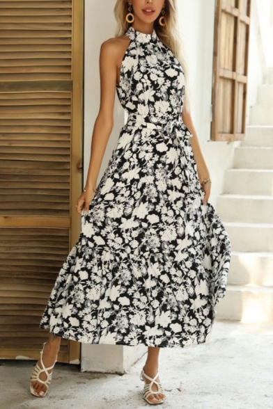 Vintage Womens Maxi Dress Floral Pattern Tie Waist Sleeveless A-Line Dress