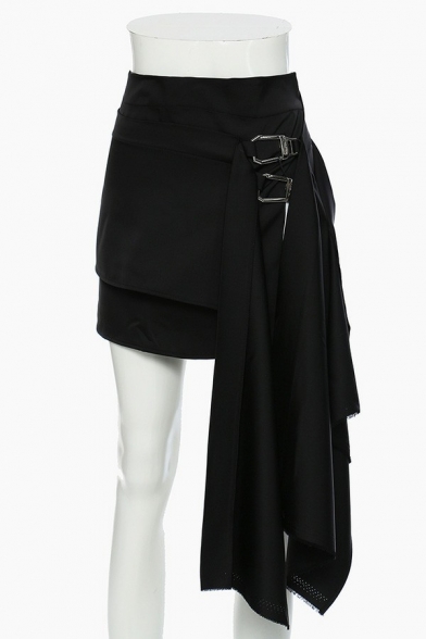 Casual Ladies Skirt Solid Mid Rise Metal Decoration Asymmetrical Hem Mini Skirt