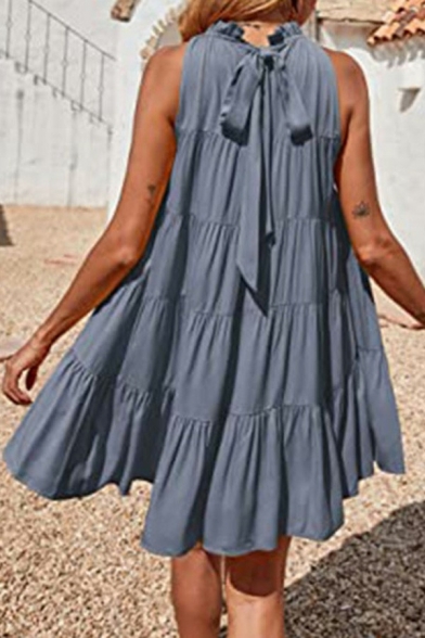 Casual Womens Dress Solid Crew Neck Sleeveless Ruffle Mini Smock Dress