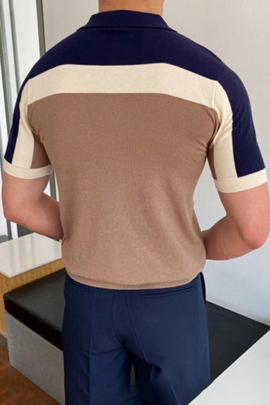 Chic Men Polo Shirt Striped Printed Spread Collar Short Sleeve Slim Button Fly Polo Shirt