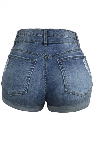 Classic Womens Shorts Distressed Zipper Up Mid Waist Rolled Cuffs Regular Fit Denim Shorts