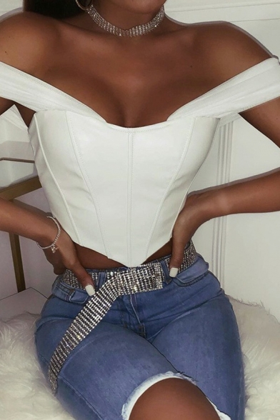 Creative PU Cropped Top Pure Color Off the Shoulder Splicing Mesh Irregular Hem Slim Fit Tank Top for Women