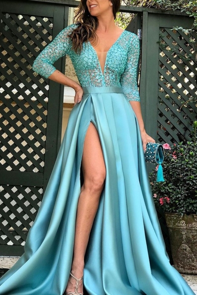 Elegant Evening Dress Deep V-Neck Split Detail Half Sleeve Sequined Patchwork Maxi Dress for Women