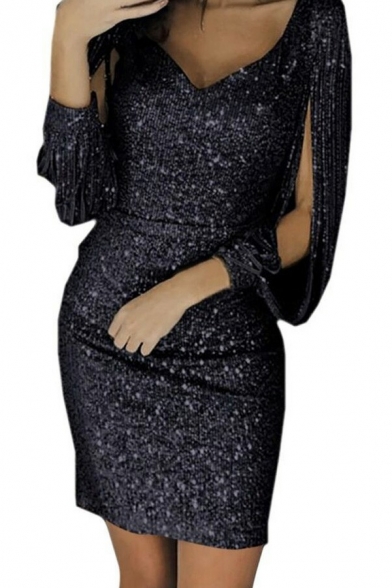 Elegant V Neck Dress Tassel Long Sleeve Sequined Evening Party Mini Dress for Women