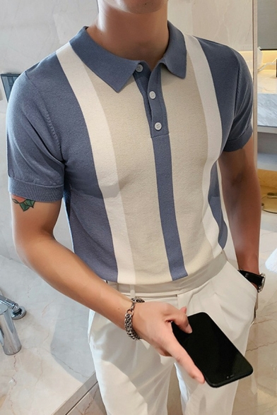 Guy's Modern Polo Shirt Color Block Turn-Down Collar Short-sleeved Slimming Polo Shirt