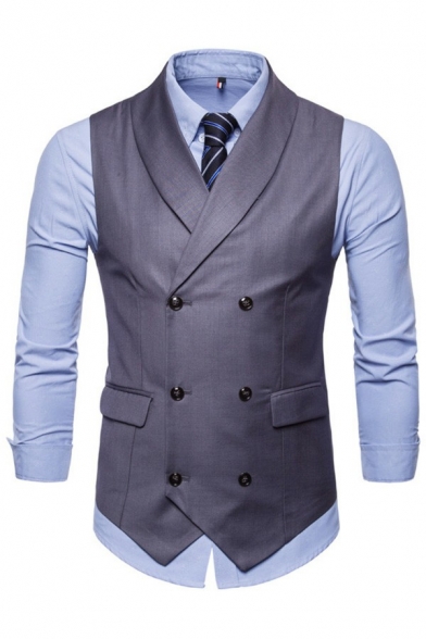 Men Hot Suit Vest Solid Color Pocket Sleeveless Skinny V-Neck Double Breasted Suit Vest