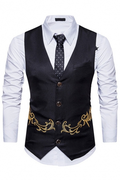 Men's Stylish Suit Vest Floral Embroidered Single Breasted V-Neck Regular Fit Suit Vest