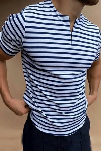 Mens Polo Shirt Stripe Pattern Zip Detail Collarless Regular Fit Polo Shirt