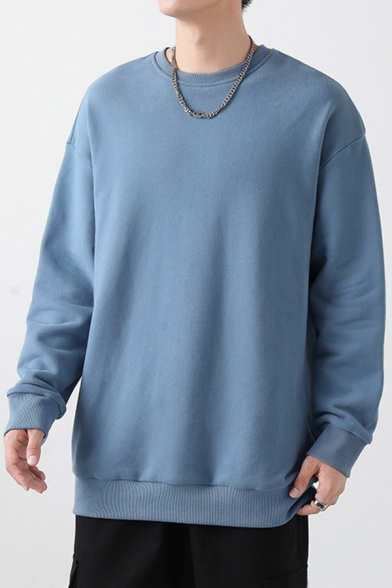 Modern Mens Sweatshirt Pure Color Round Neck Long-Sleeved Rib Cuffs Loose Fit Sweatshirt