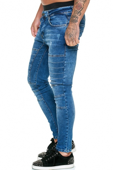 Popular Guy's Jeans Plain Pocket Mid Rise Slimming Long Length Zip Placket Jeans