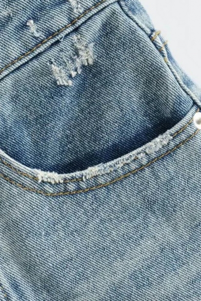 Sexy Womens Shorts Plain Ripped Patched Zip Up Pockets Detail Raw Hem Denim Shorts