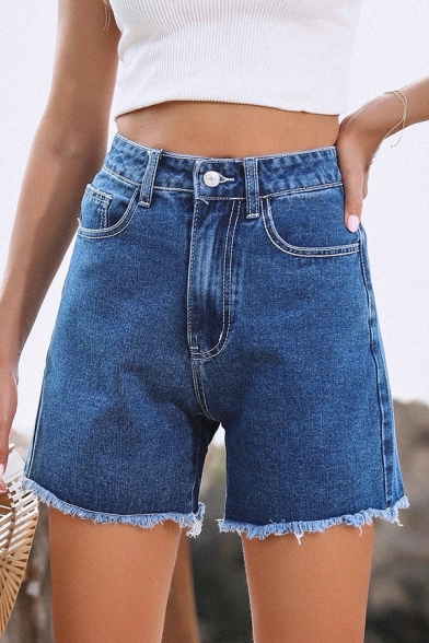 Simplicity Ladies Denim Shorts High Waist Zipper Closure Frayed Hem Acid Wash Regular Fit Denim Shorts