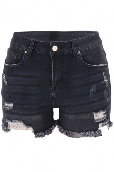 Street Look Girls Shorts Solid Ripped Zipper Fly High Waist Straight Denim Shorts