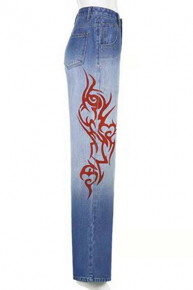 Street Style Womens Jeans Faded Wash High Waist Zip Fly Floral Print Long Straight Jeans with Washing Effect