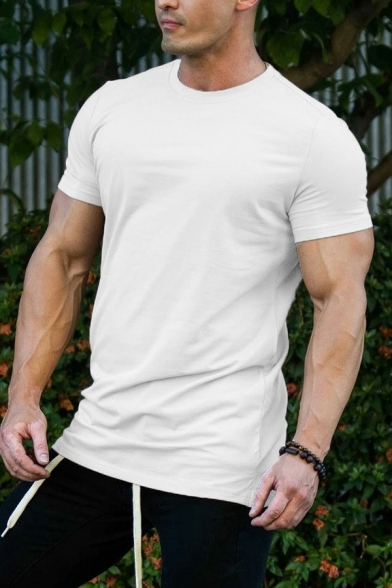Stylish Mens T-Shirt Solid Color Short Sleeve Round Neck Slim Fit T-Shirt