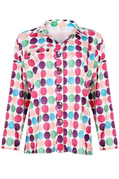 Trendy Polka Dot Shirt Turn Down Collar Button Closure Loose Fit Long-Sleeved Shirt for Ladies