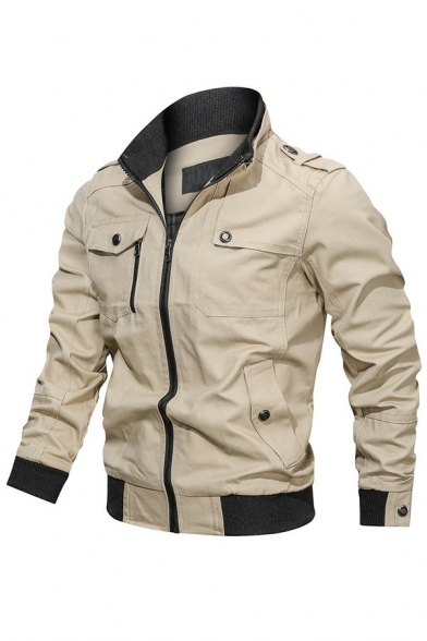 Vintage Jacket Contrast Color Zip Pocket Skinny Zip Fly Stand Collar Jacket for Men