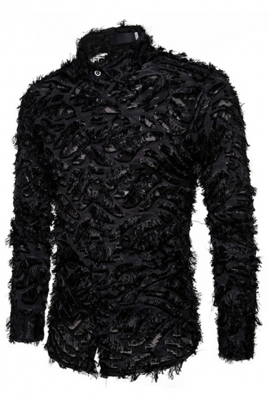 Chic Mens Shirt Three-dimensional Feather Long Sleeve Button Closure Stand Collar Regular Fit Shirt