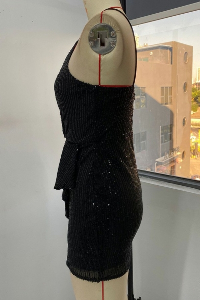 Elegant Womens Cami Dress Sequins Deep V-Neck Spaghetti Straps Draped Mini Dress