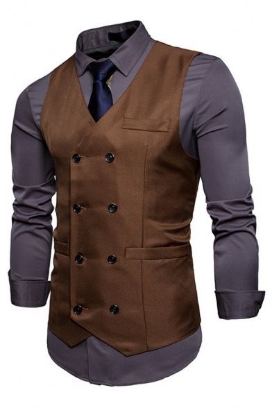 Men's Simple Suit Vest Plain Double Breasted Flap Pocket V-Neck Regular Fit Suit Vest