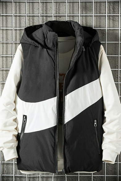 Modern Guys Vest Color Block Zip Closure Pocket Detail Regular Fit Vest with Hood