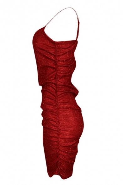 Modern Ladies Dress Solid Rhinestone Spaghetti Straps Sashes Mini Sheath Dress