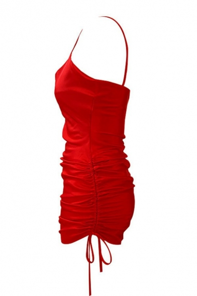 Sexy Ladies Dress Solid Spaghetti Straps Ruched Mini Cami Dress