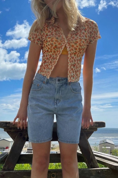 Sexy Womens Cropped Shirt Floral Print Button Closure Lapel Collar Short Sleeve Shirt