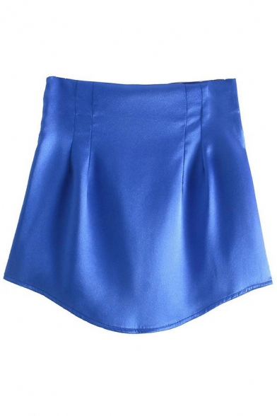 Sexy Womens Skirt Solid Satin Asymmetrical Hem Mini A-Line Skirt