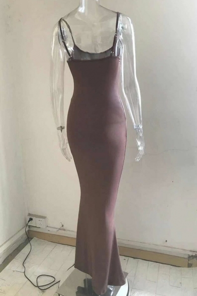 Simple Ladies Cami Solid Color Spaghetti Straps Maxi Sheath Dress
