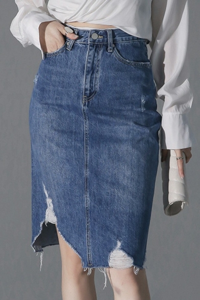 Stylish Womens Denim Skirt Zipper Closure Frayed Ripped A-Line Midi Skirt with Washing Effect
