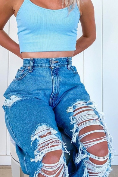 Stylish Womens Jeans Midwash Blue Zip Fly High Waist Cut-Outs Turn Up Boyfriend Pants